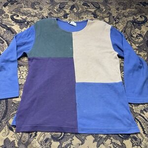 Vtg 90s Teddi Color block Pullover Sweater Womens Size L Blue Green Cream